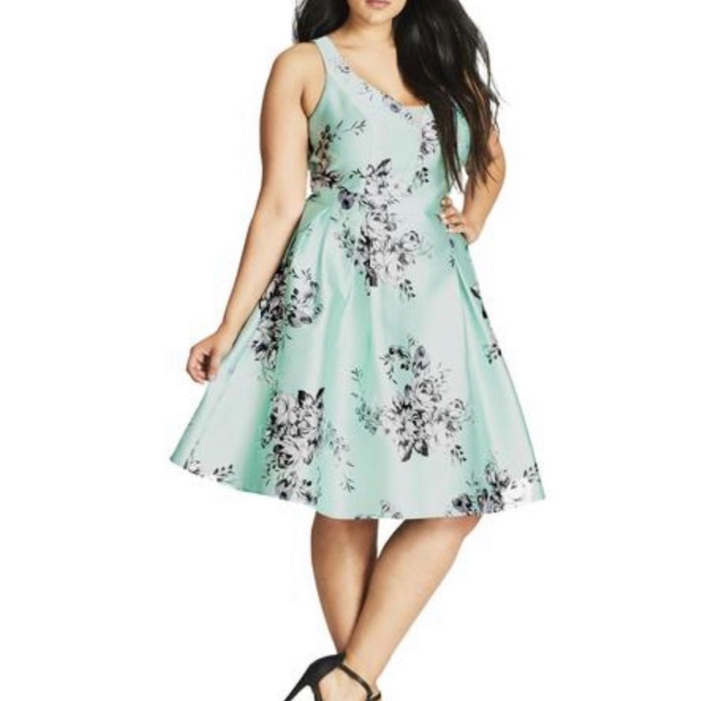 City Chic Floral Fit & Flare Party Minty May Dress size 22W XL